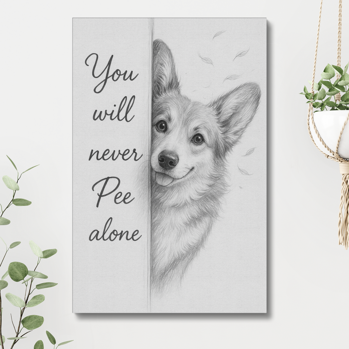 Corgi Bathroom Wall Art – Cute Pencil Drawing Funny Corgi Canvas