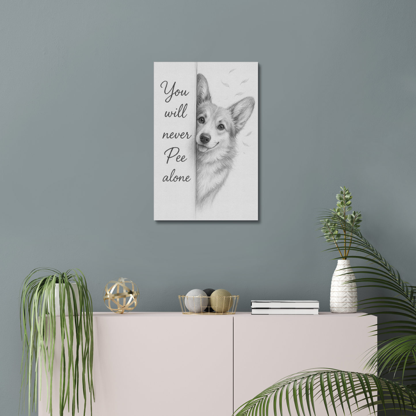 Corgi Bathroom Wall Art – Cute Pencil Drawing Funny Corgi Canvas
