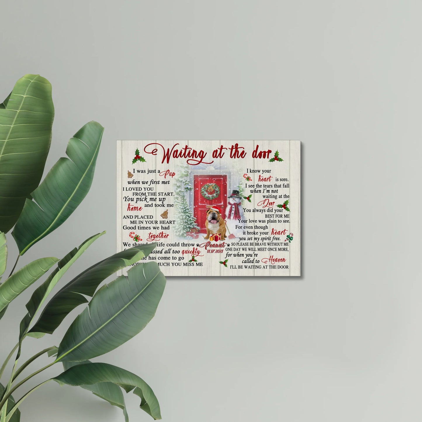 Pet Memorial Canvas for Dog Loss – Waiting at the Door Christmas Design