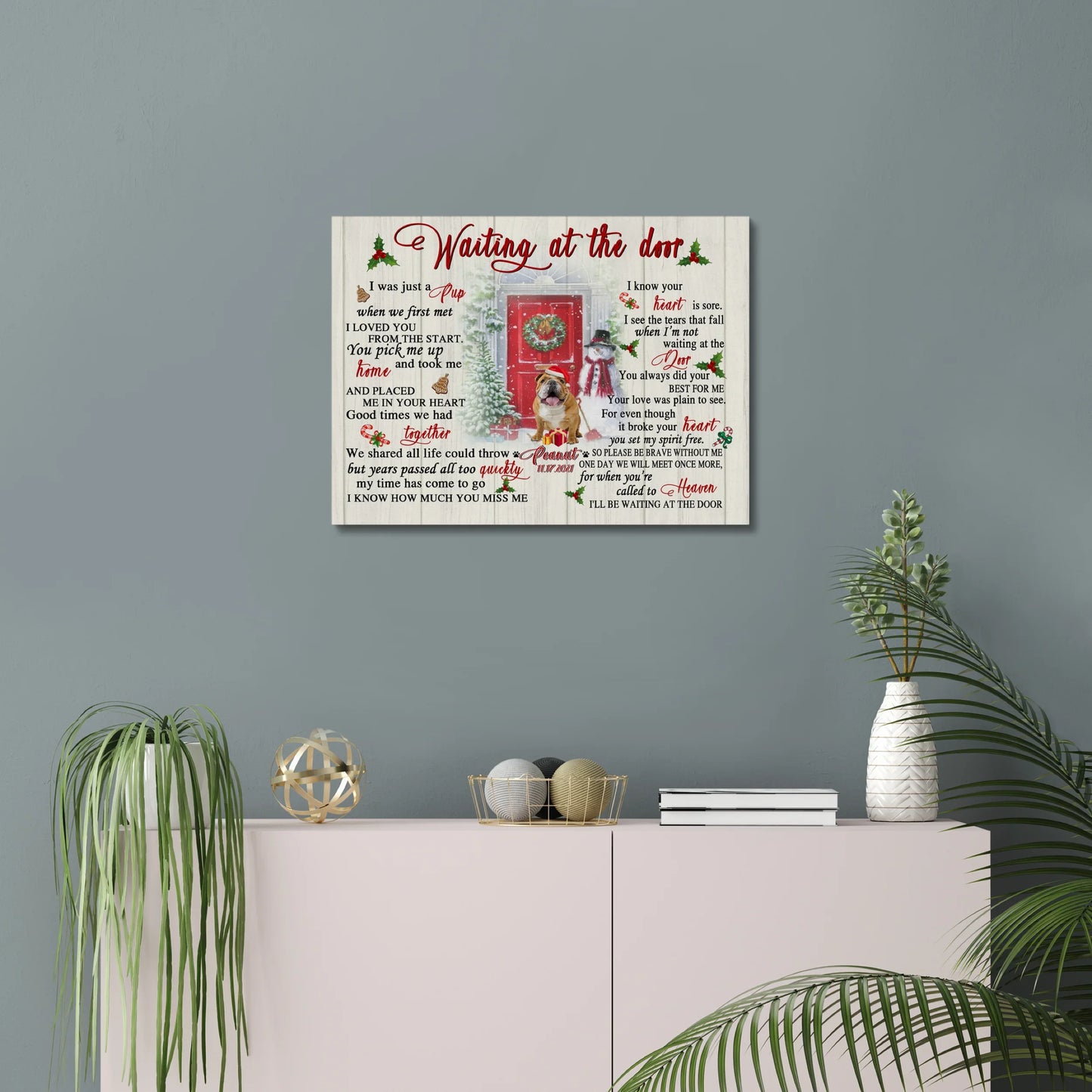 Pet Memorial Canvas for Dog Loss – Waiting at the Door Christmas Design