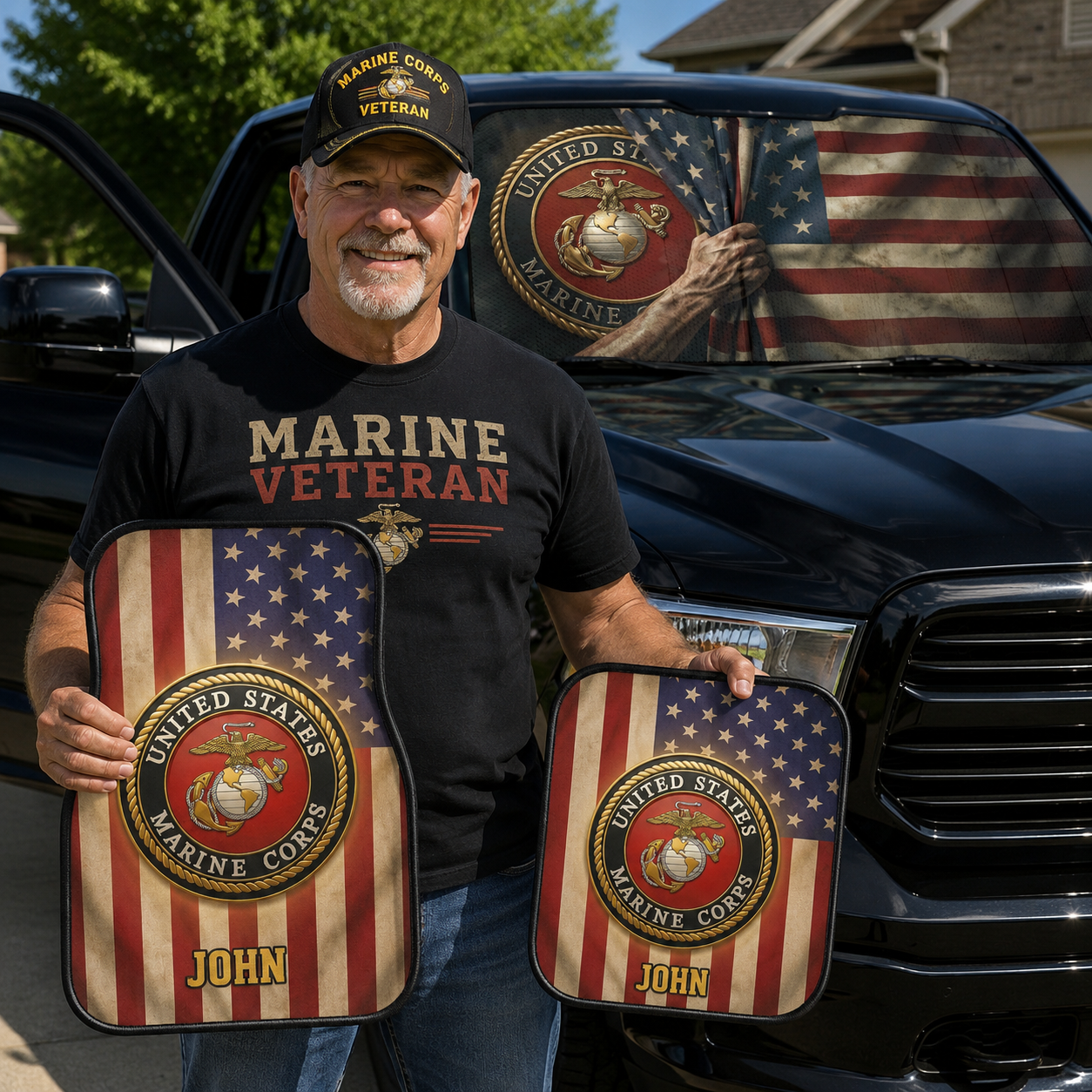 Marine Corps veteran car accessories collection with USMC Semper Fi designs