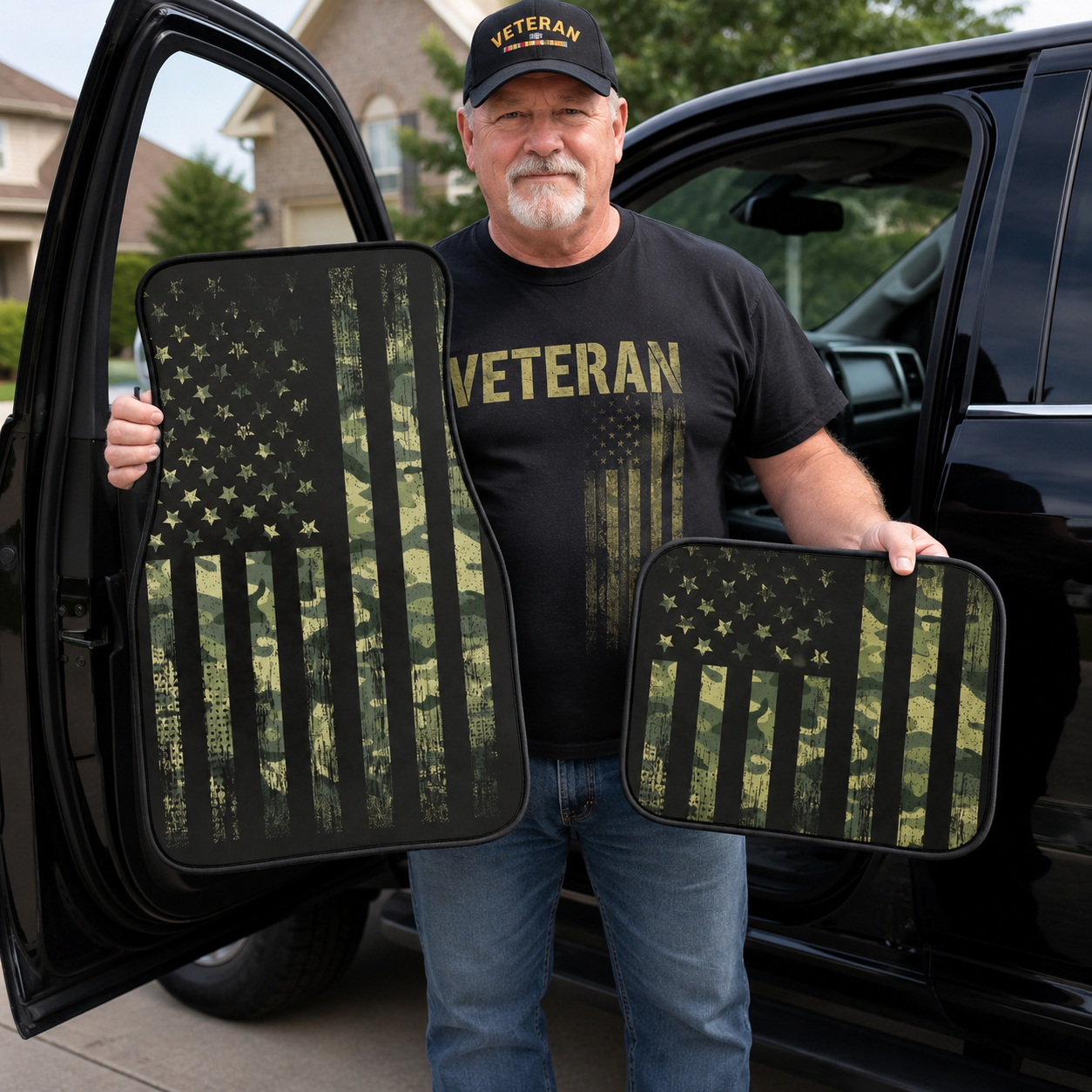 Personalized veteran car floor mats — custom-printed military tribute mats made in USA