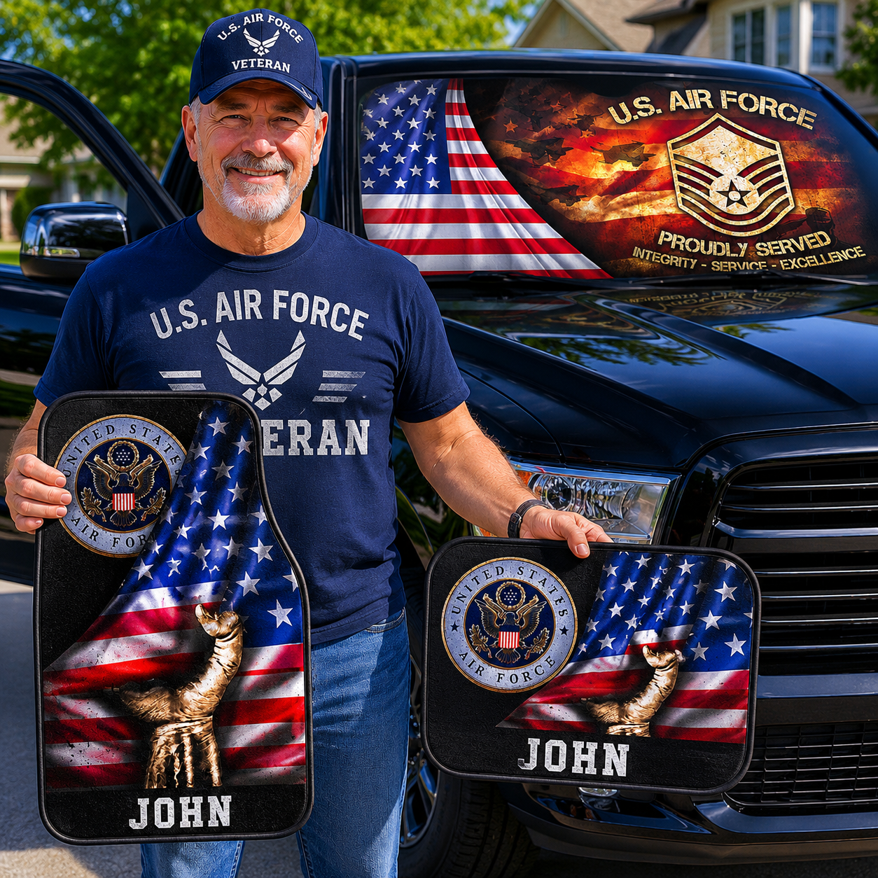 US Air Force veteran car accessories collection with USAF wings and aviation imagery