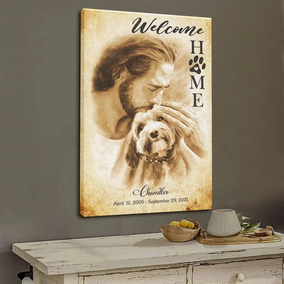 Welcome Home Dog Memorial Canvas – Jesus Holding Pet Design