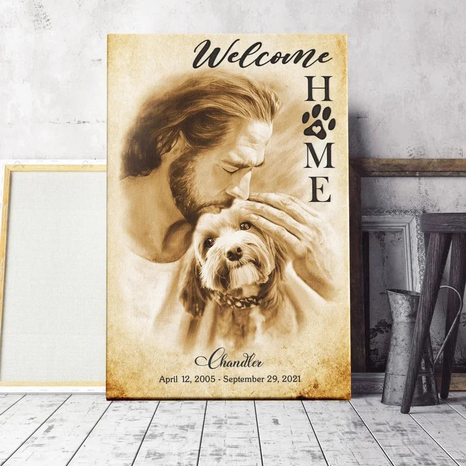 Welcome Home Dog Memorial Canvas – Jesus Holding Pet Design