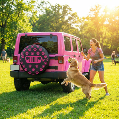 Pink Jeep Dog Paw Pattern Leather Spare Tire Cover