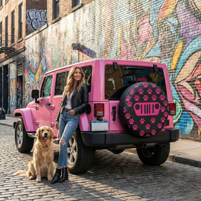 Pink Jeep Dog Paw Pattern Leather Spare Tire Cover