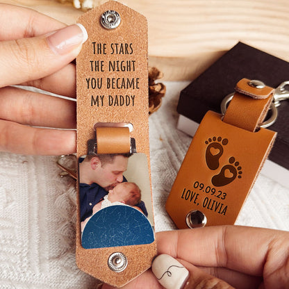 The Stars The Night You Became My Daddy - Personalized Leather Photo Keychain