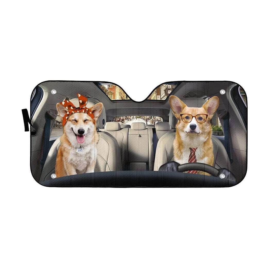 3D Adorable Couple Corgi Dogs In Car Custom Car Auto Sunshade - PersonalizedFury