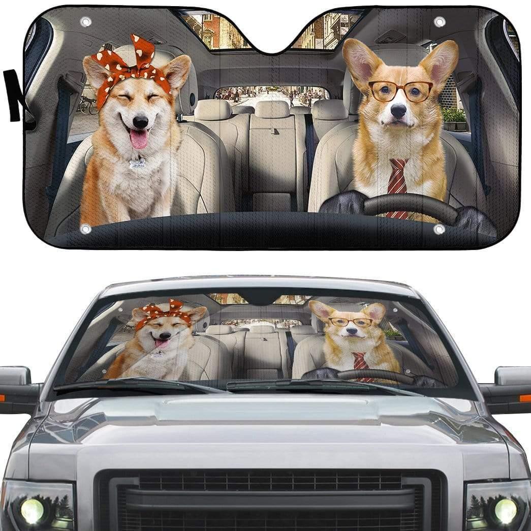 3D Adorable Couple Corgi Dogs In Car Custom Car Auto Sunshade - PersonalizedFury