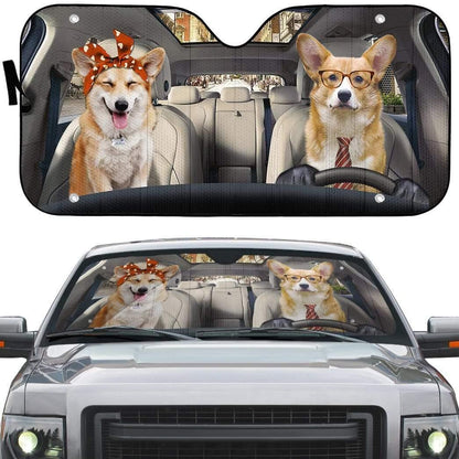 3D Adorable Couple Corgi Dogs In Car Custom Car Auto Sunshade - PersonalizedFury