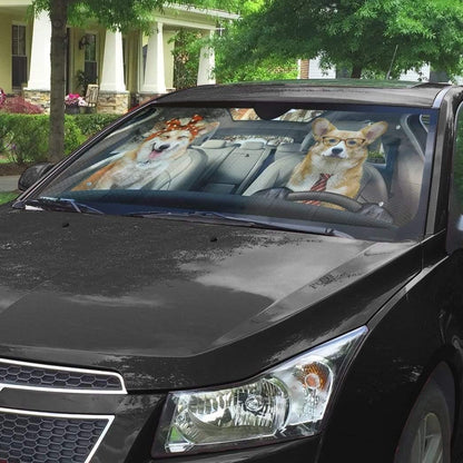 3D Adorable Couple Corgi Dogs In Car Custom Car Auto Sunshade - PersonalizedFury