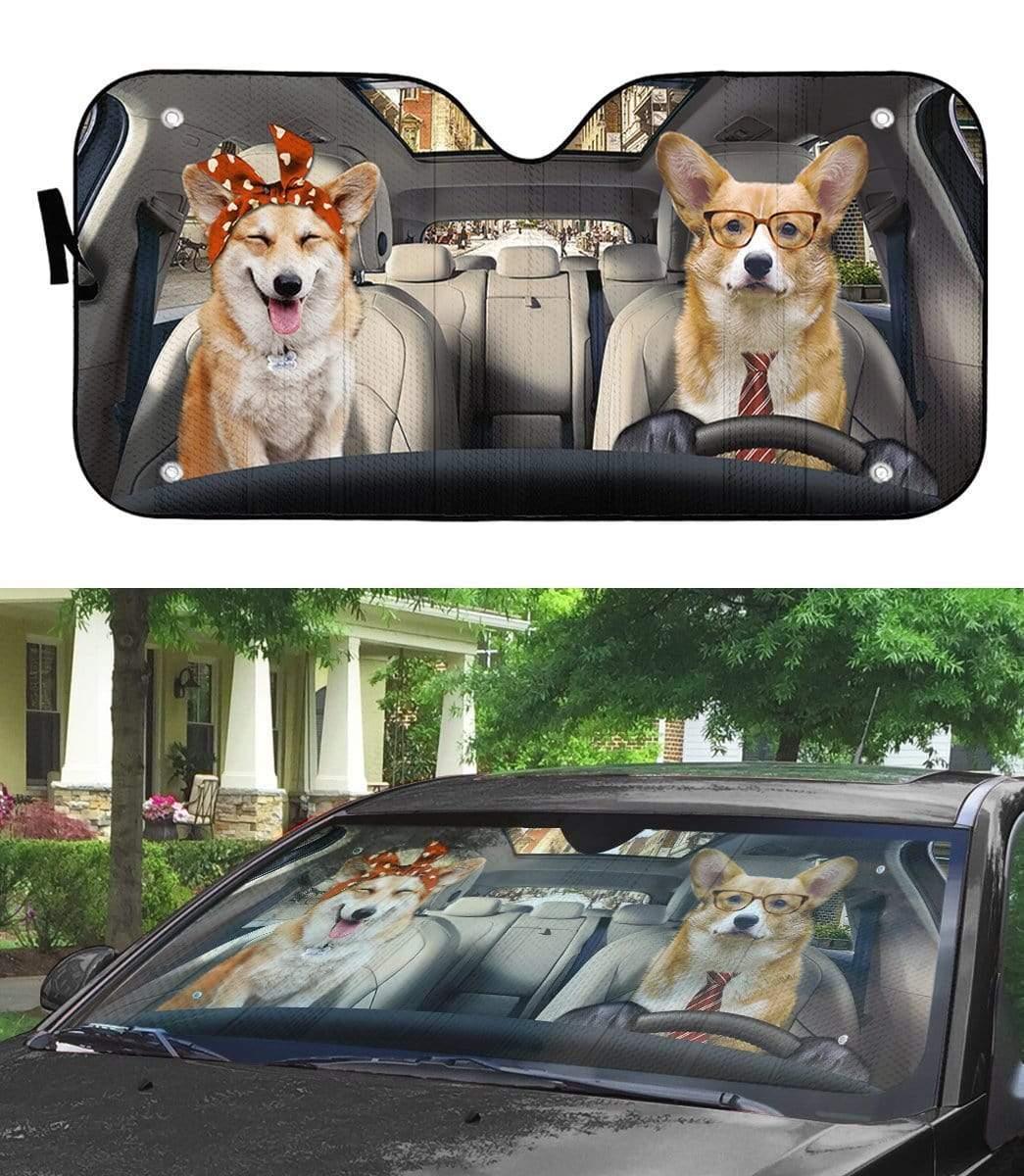 3D Adorable Couple Corgi Dogs In Car Custom Car Auto Sunshade - PersonalizedFury