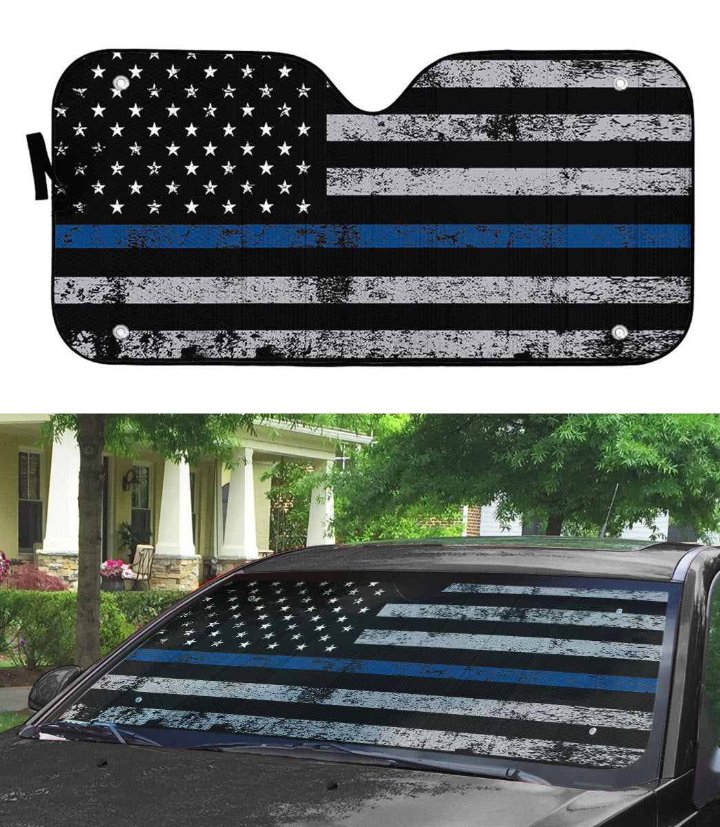 Gearhumans 3D Blue Thin Line American Flag Auto Sunshade