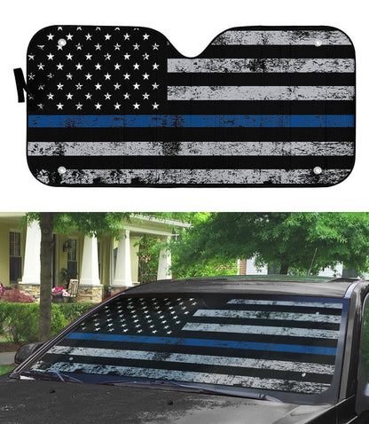 Gearhumans 3D Blue Thin Line American Flag Auto Sunshade