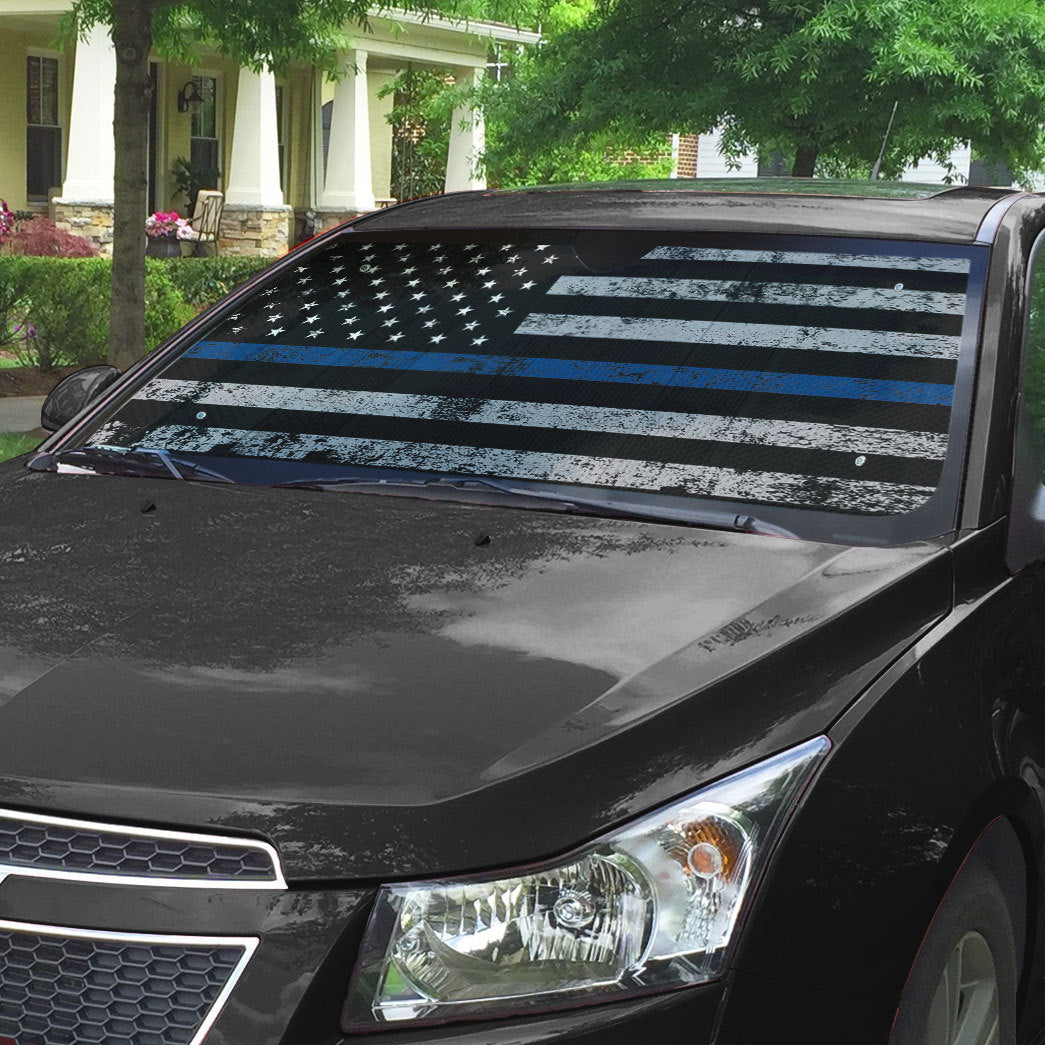 Gearhumans 3D Blue Thin Line American Flag Auto Sunshade