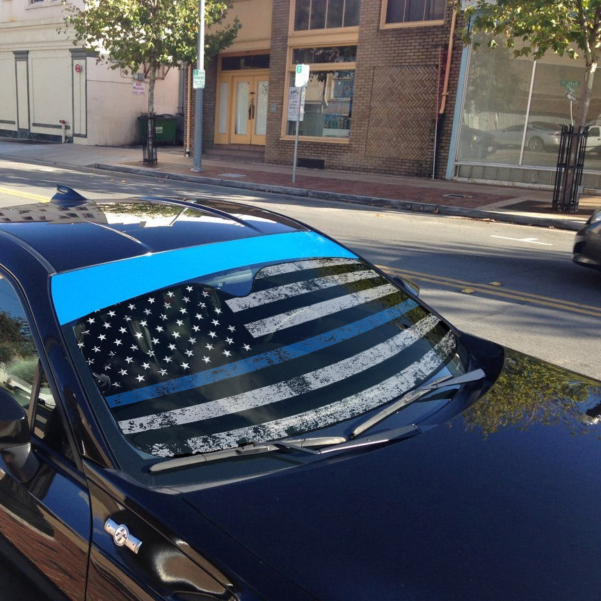 Gearhumans 3D Blue Thin Line American Flag Auto Sunshade