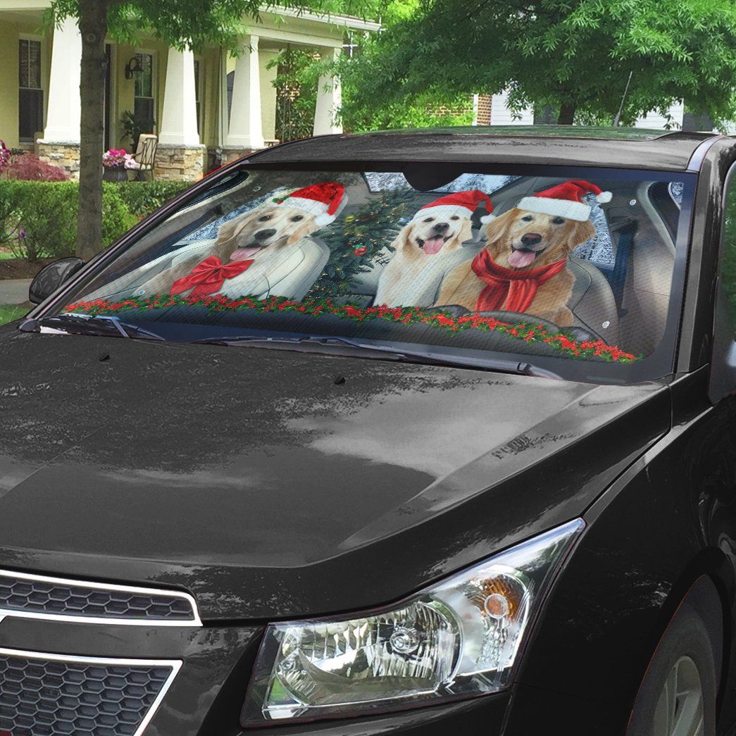 Gearhumans 3D Christmas Golden Retriever Custom Car Auto Sunshade