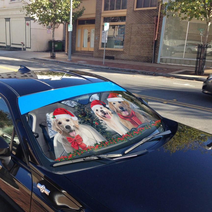 Gearhumans 3D Christmas Golden Retriever Custom Car Auto Sunshade
