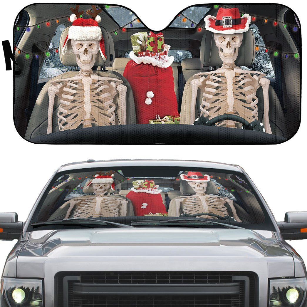 Gearhumans 3D Christmas Skeleton Couple Custom Car Auto Sunshade