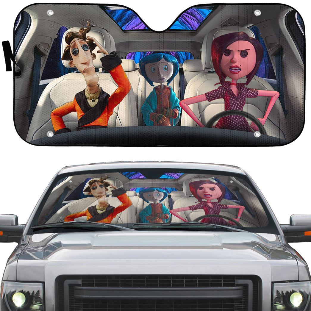 Gearhumans 3D Coraline Button Eyed Family Custom Car Auto Sunshade