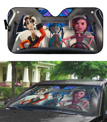 Gearhumans 3D Coraline Button Eyed Family Custom Car Auto Sunshade