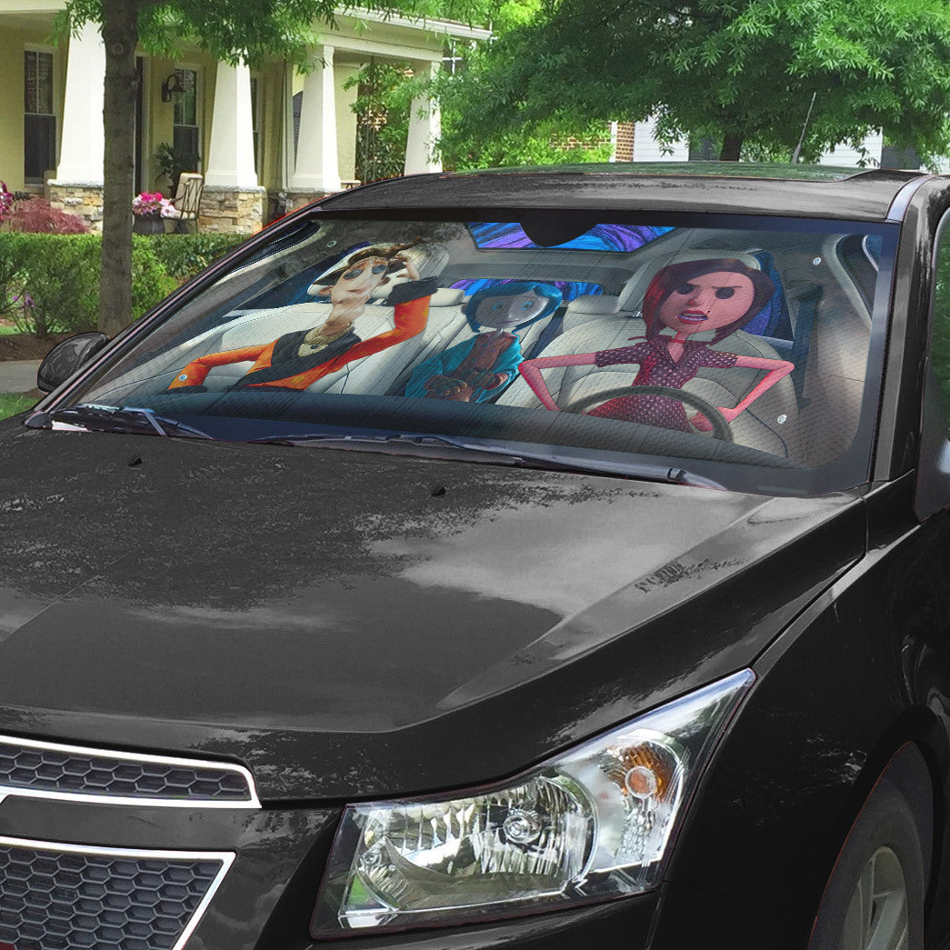Gearhumans 3D Coraline Button Eyed Family Custom Car Auto Sunshade