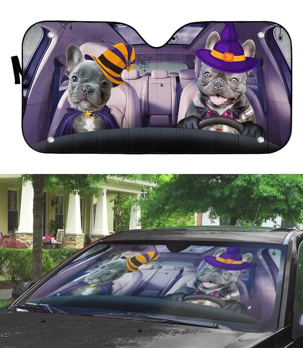 Gearhumans 3D Couple Bulldogs Hallowen Custom Car Auto Sunshade