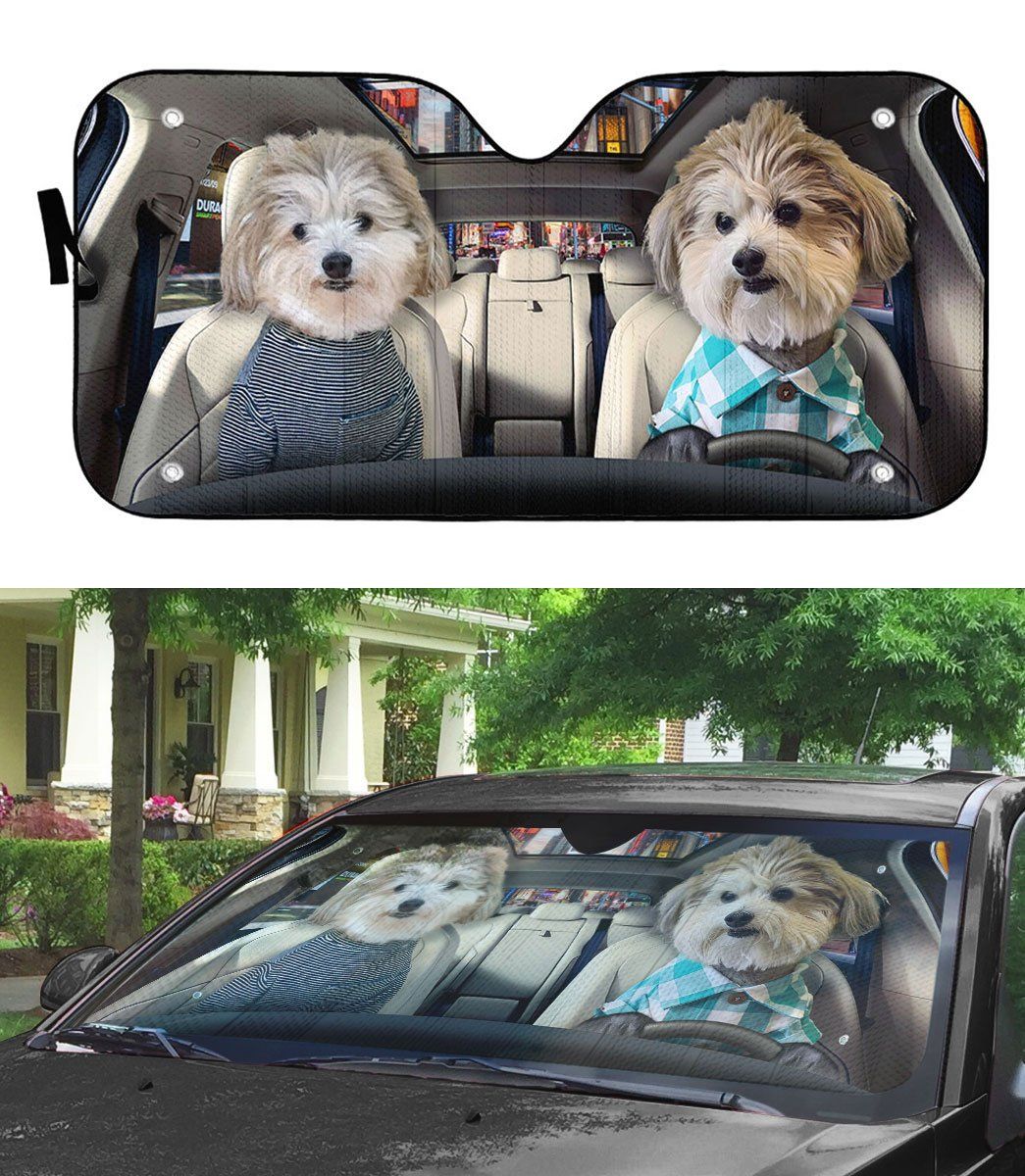 Gearhumans 3D Couple Cute Shih Tzu Puppies Custom Car Auto Sunshade