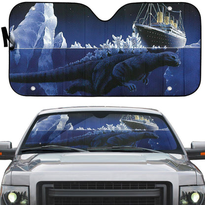 Gearhumans 3D Funny Godzilla Hits Titanic Custom Car Auto Sunshade