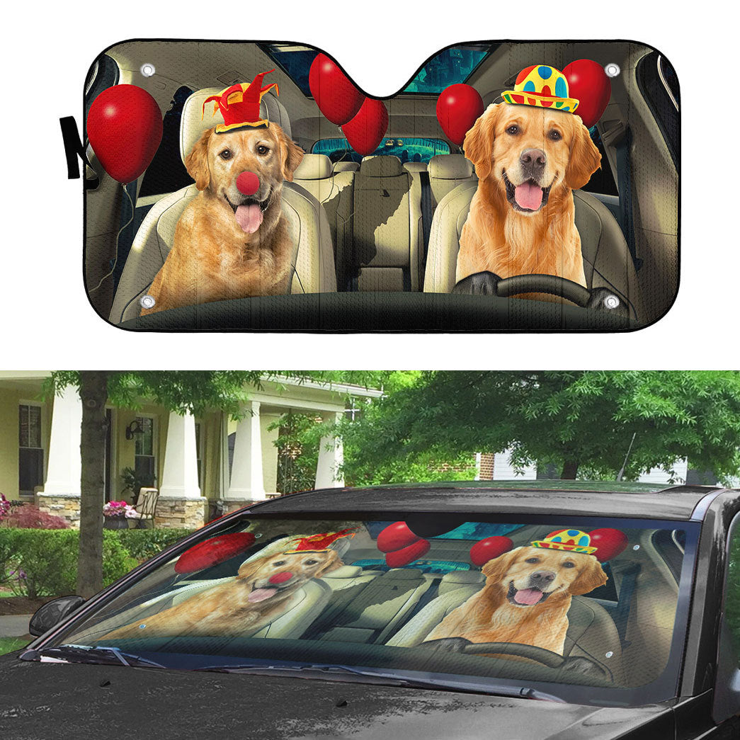 Gearhumans 3D Golden Retriever Dog Clowns Custom Car Auto Sunshade
