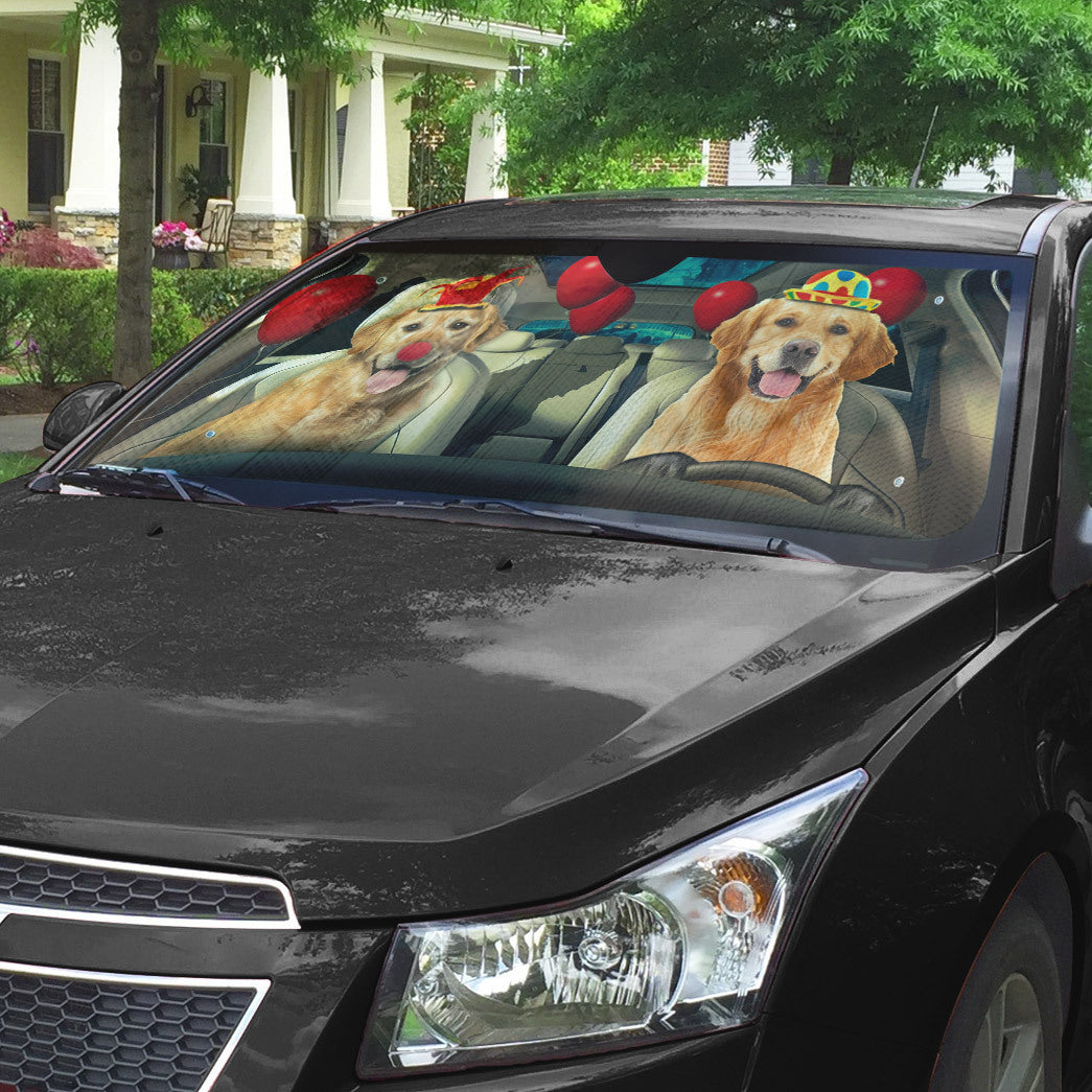 Gearhumans 3D Golden Retriever Dog Clowns Custom Car Auto Sunshade