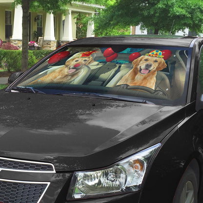 Gearhumans 3D Golden Retriever Dog Clowns Custom Car Auto Sunshade