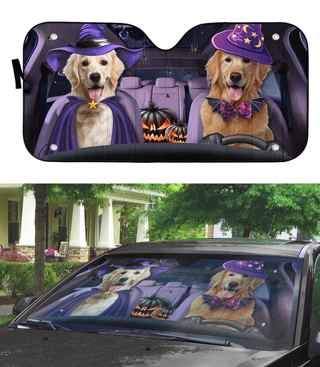 Gearhumans 3D Golden Retrievers Family Dog Hallowen Custom Car Auto Sunshade
