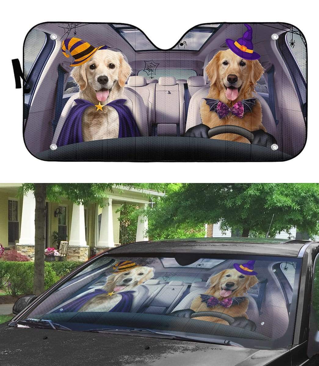 Gearhumans 3D Halloween Golden Retriever Custom Car Auto Sunshade