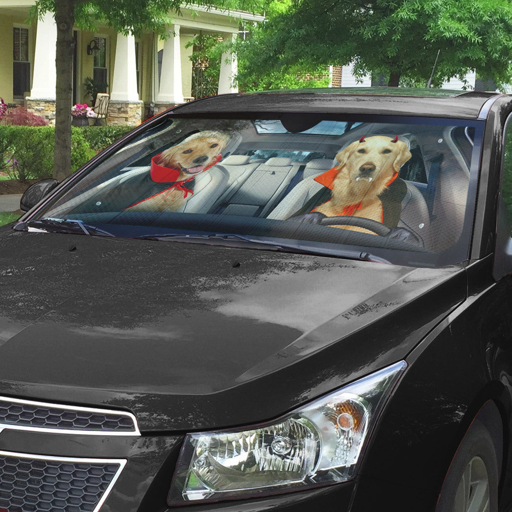 Gearhumans 3D Halloween Golden Retriever Dogs Vampire Custom Car Auto Sunshade
