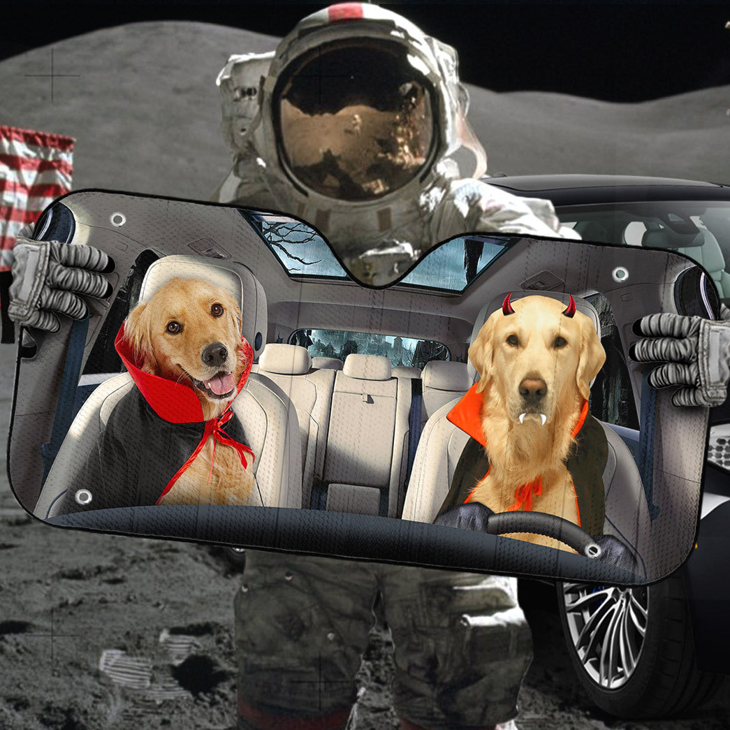 Gearhumans 3D Halloween Golden Retriever Dogs Vampire Custom Car Auto Sunshade