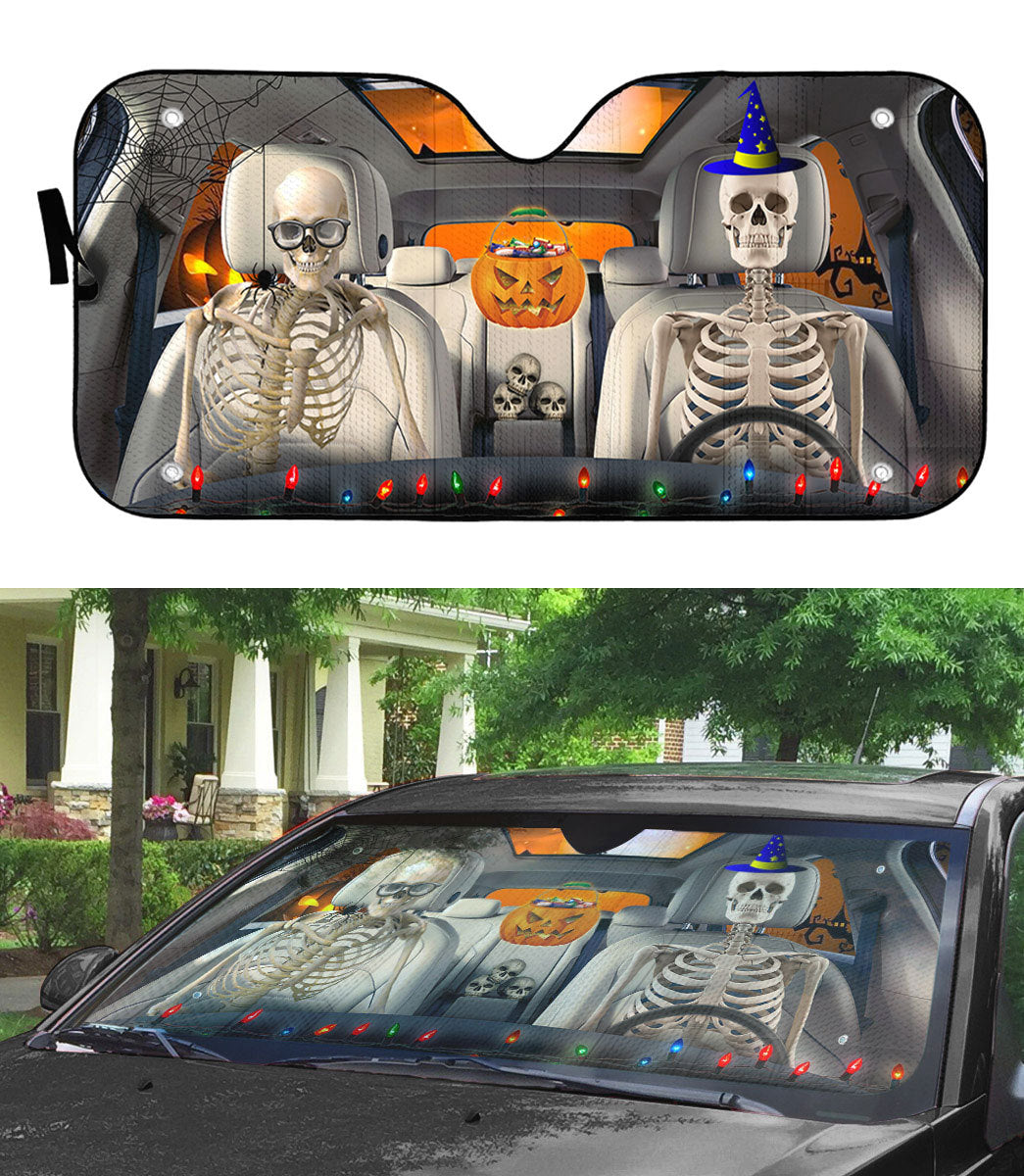 Gearhumans 3D Halloween Skeleton Couple Skull Custom Car Auto Sunshade