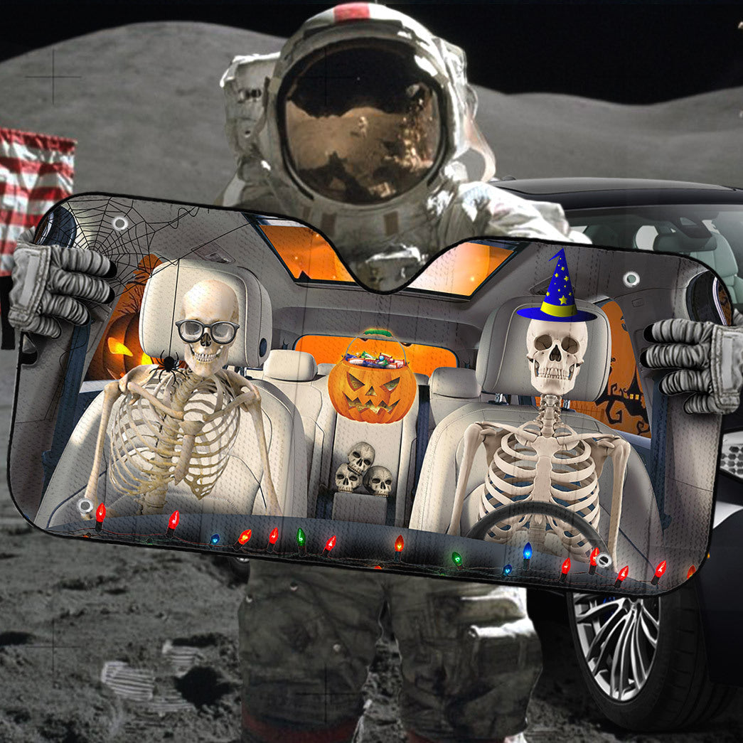 Gearhumans 3D Halloween Skeleton Couple Skull Custom Car Auto Sunshade