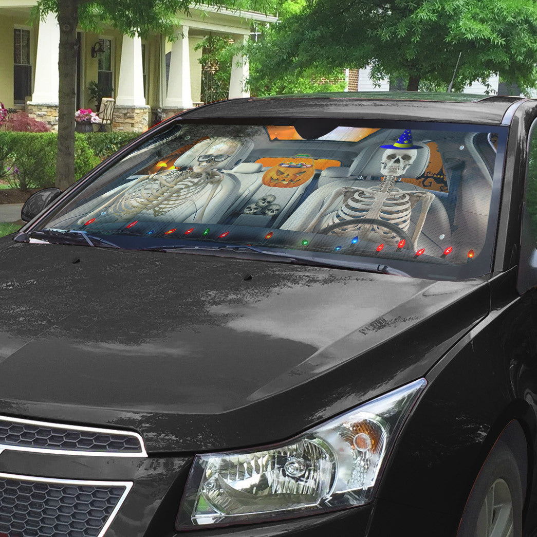 Gearhumans 3D Halloween Skeleton Couple Skull Custom Car Auto Sunshade