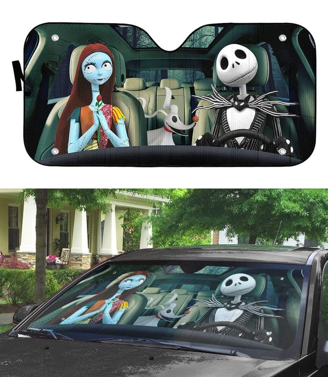 Gearhumans 3D Jack Skellington Family Halloween Custom Car Auto Sunshade