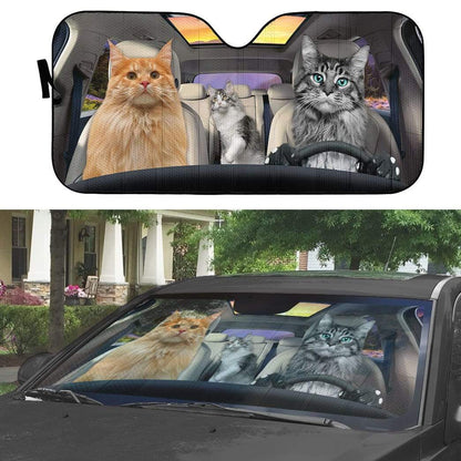 Gearhumans 3D Maine Coon Cat Family Custom Car Auto Sunshade