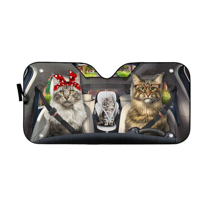 Gearhumans 3D Maine Coon Cat Family Custom Car Auto Sunshade