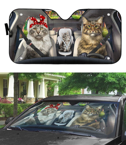 Gearhumans 3D Maine Coon Cat Family Custom Car Auto Sunshade