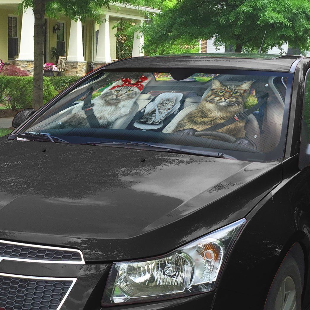 Gearhumans 3D Maine Coon Cat Family Custom Car Auto Sunshade