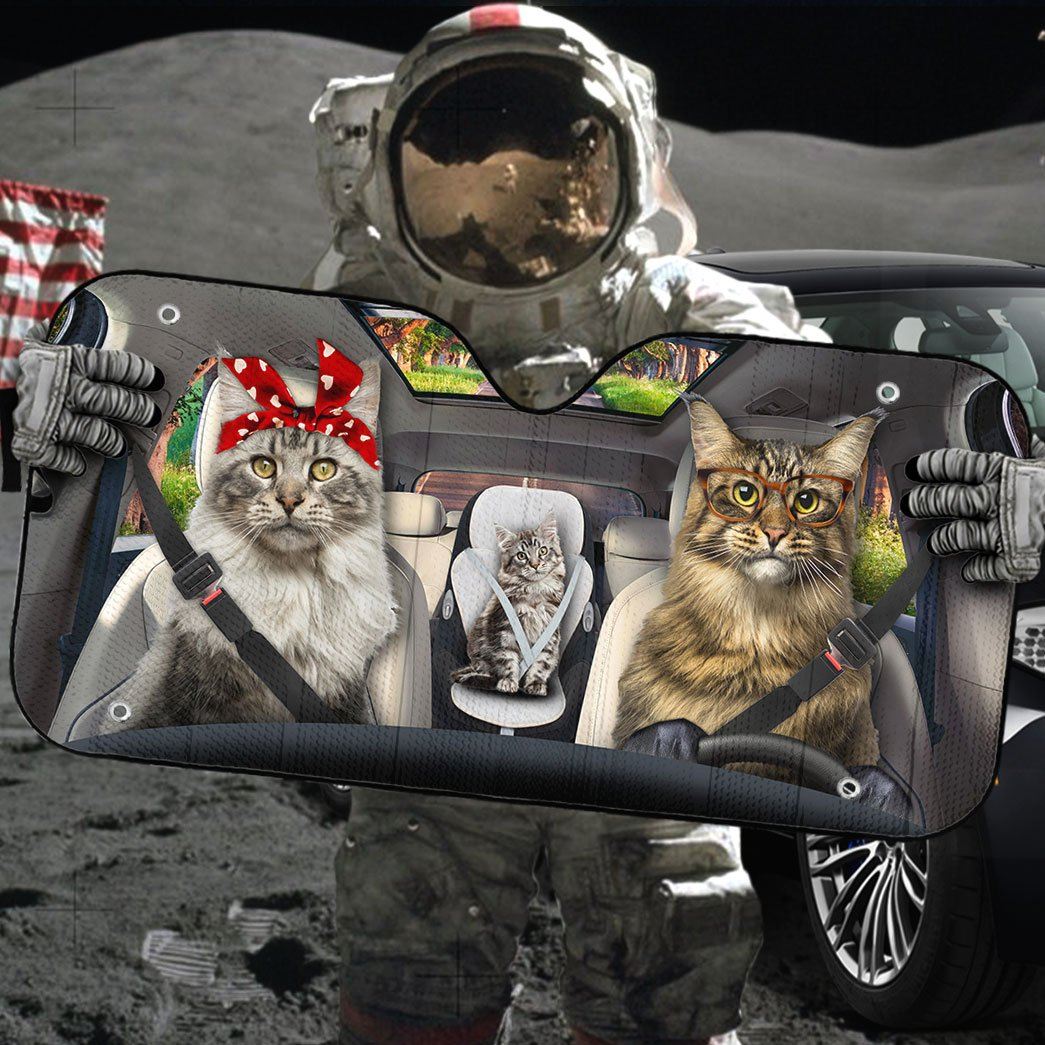 Gearhumans 3D Maine Coon Cat Family Custom Car Auto Sunshade