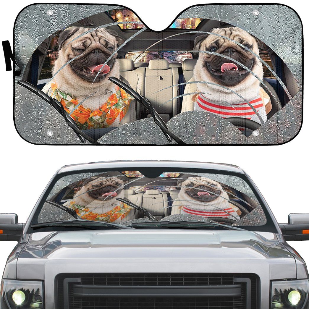 Gearhumans 3D Rain Two Pugs Custom Car Auto Sunshade