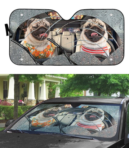 Gearhumans 3D Rain Two Pugs Custom Car Auto Sunshade