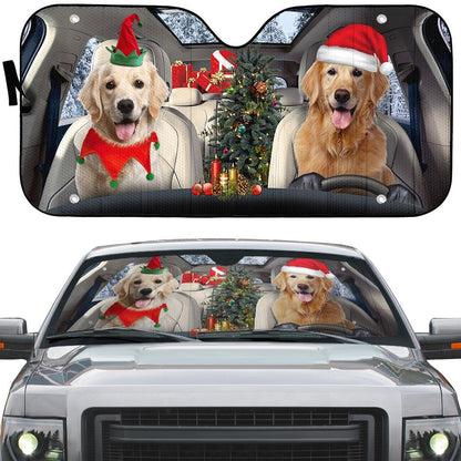 Gearhumans 3D Santa And Elf Golden Retriever Custom Car Auto Sunshade