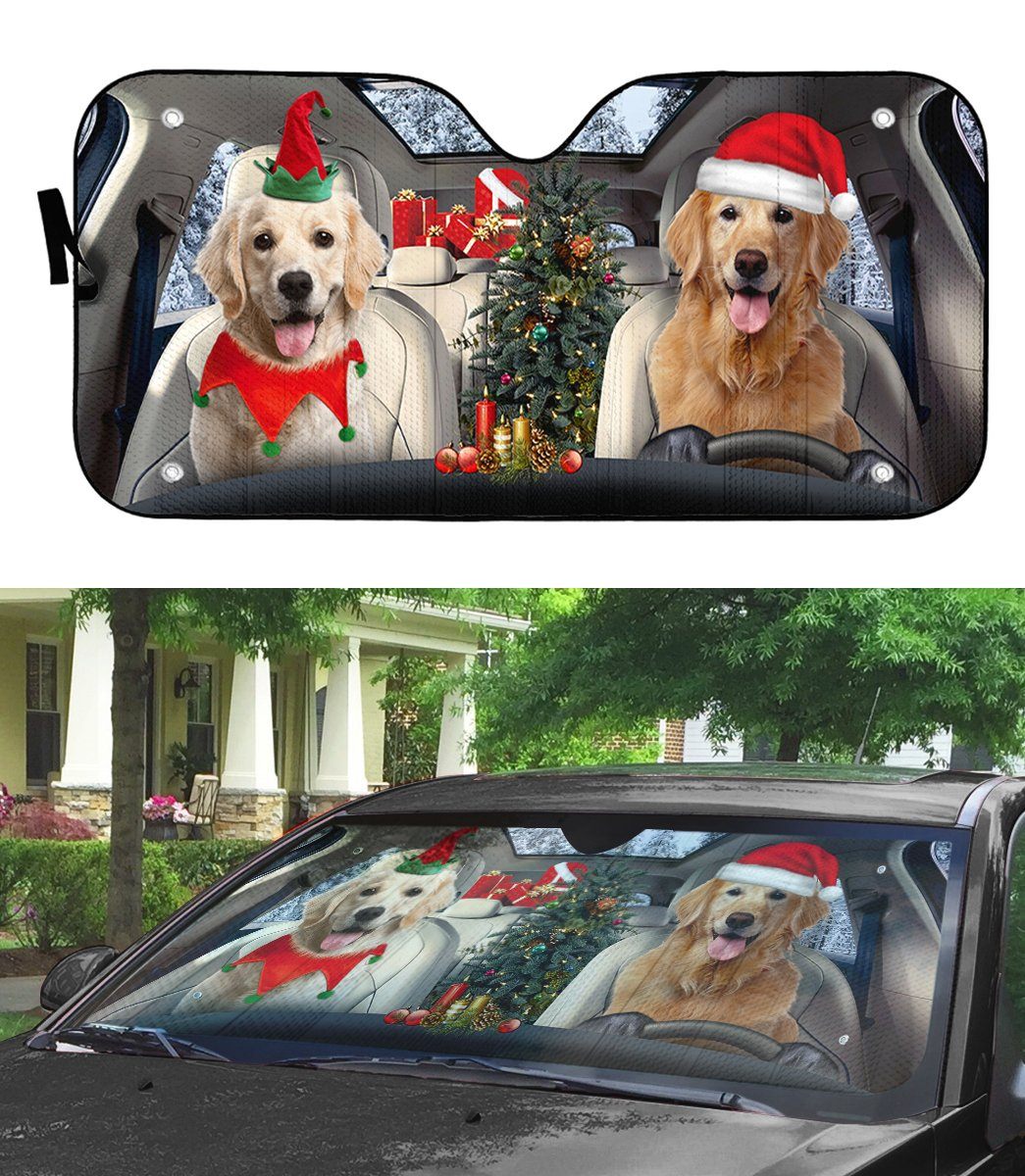Gearhumans 3D Santa And Elf Golden Retriever Custom Car Auto Sunshade
